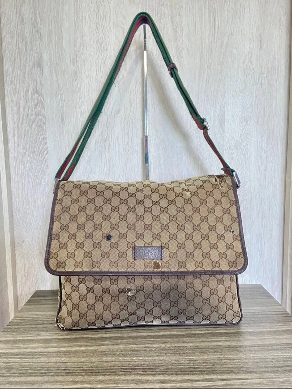 Gucci Beige Brown Monogram Shoulder Bag with Green-Red Strap